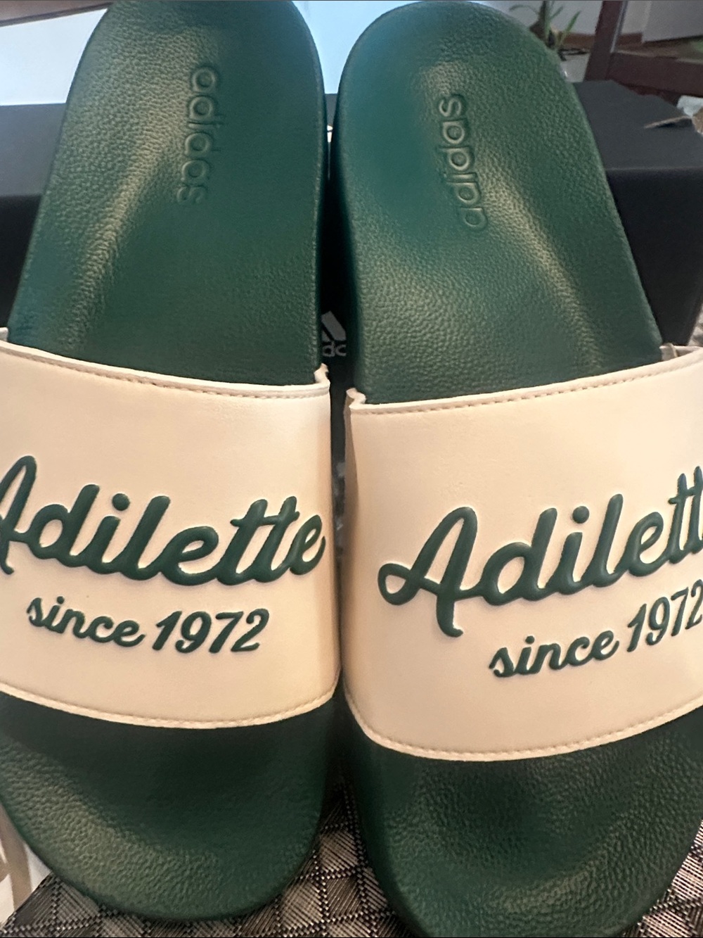 adidas Adilette Green and White Slide Sandals with Script Branding